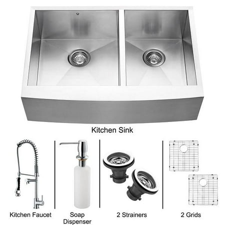 VIGO VG15091 Farmhouse Stainless Steel Kitchen Sink, Faucet, Two Grids, Two Strainers and Dispenser