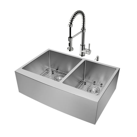 VIGO VG15101 Farmhouse Stainless Steel Kitchen Sink, Faucet, Two Grids, Two Strainers and Dispenser