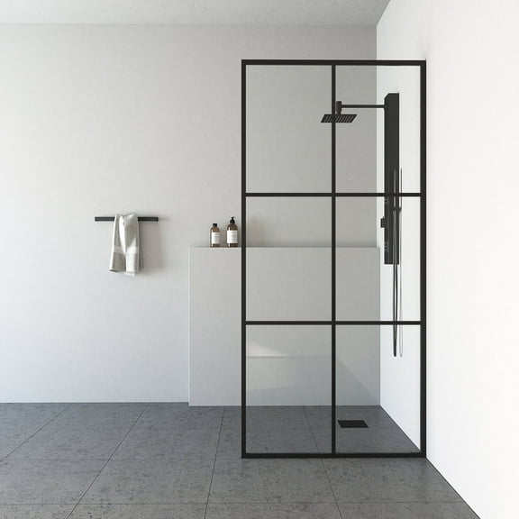 VIGO Ventana 34 in. W x 74 in. H Framed Fixed Shower Screen Door in Matte Black with 3/8 in. (10mm) Clear Glass