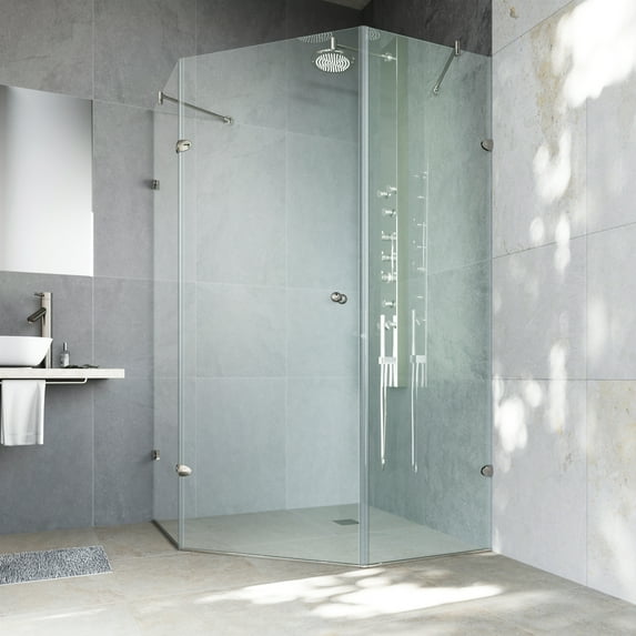 VIGO Verona 34 in. L x 34 in. W x 73 in. H Frameless Hinged Neo-angle Shower Enclosure in Brushed Nickel with Clear Glass