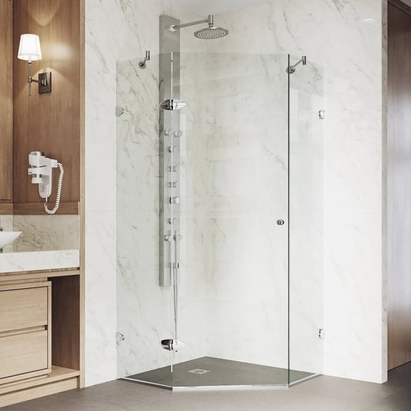 VIGO Verona 34 in. L x 34 in. W x 73 in. H Frameless Hinged Neo-angle Shower Enclosure in Chrome with 3/8 in. Clear Glass