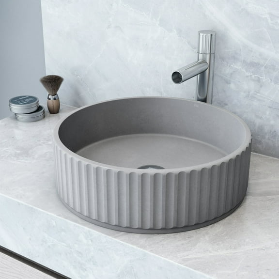 VIGO Windsor Concreto Stone Round Fluted Bathroom Vessel Sink in Gray with Ashford Vessel Faucet and Pop-Up Drain in Chrome-VGT2094