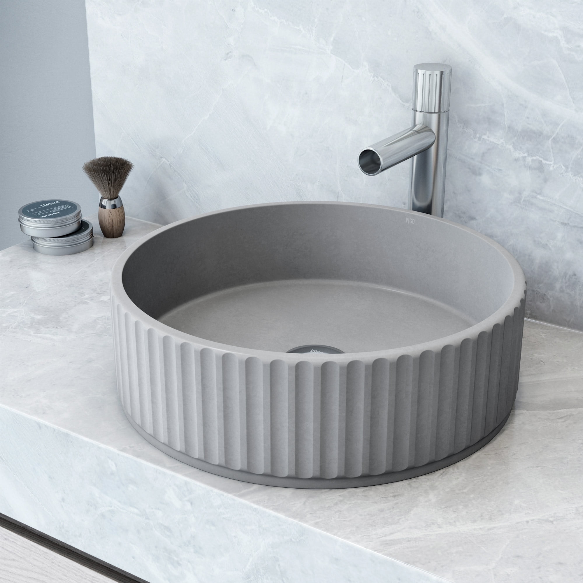 Gray Fluted Concrete Round Above-Counter Vessel Sink