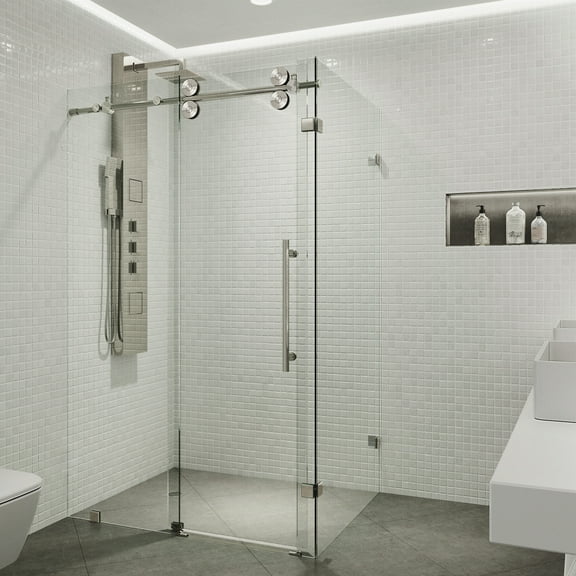 VIGO Winslow 34 in. L x 46 in. W x 74 in. H Frameless Sliding Rectangle Shower Enclosure in Stainless Steel with Clear Glass