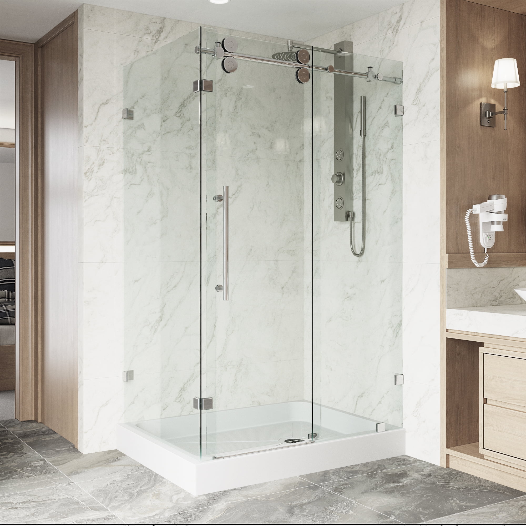 Winslow 48" Frameless Clear Glass Sliding Shower Enclosure with Black Hardware