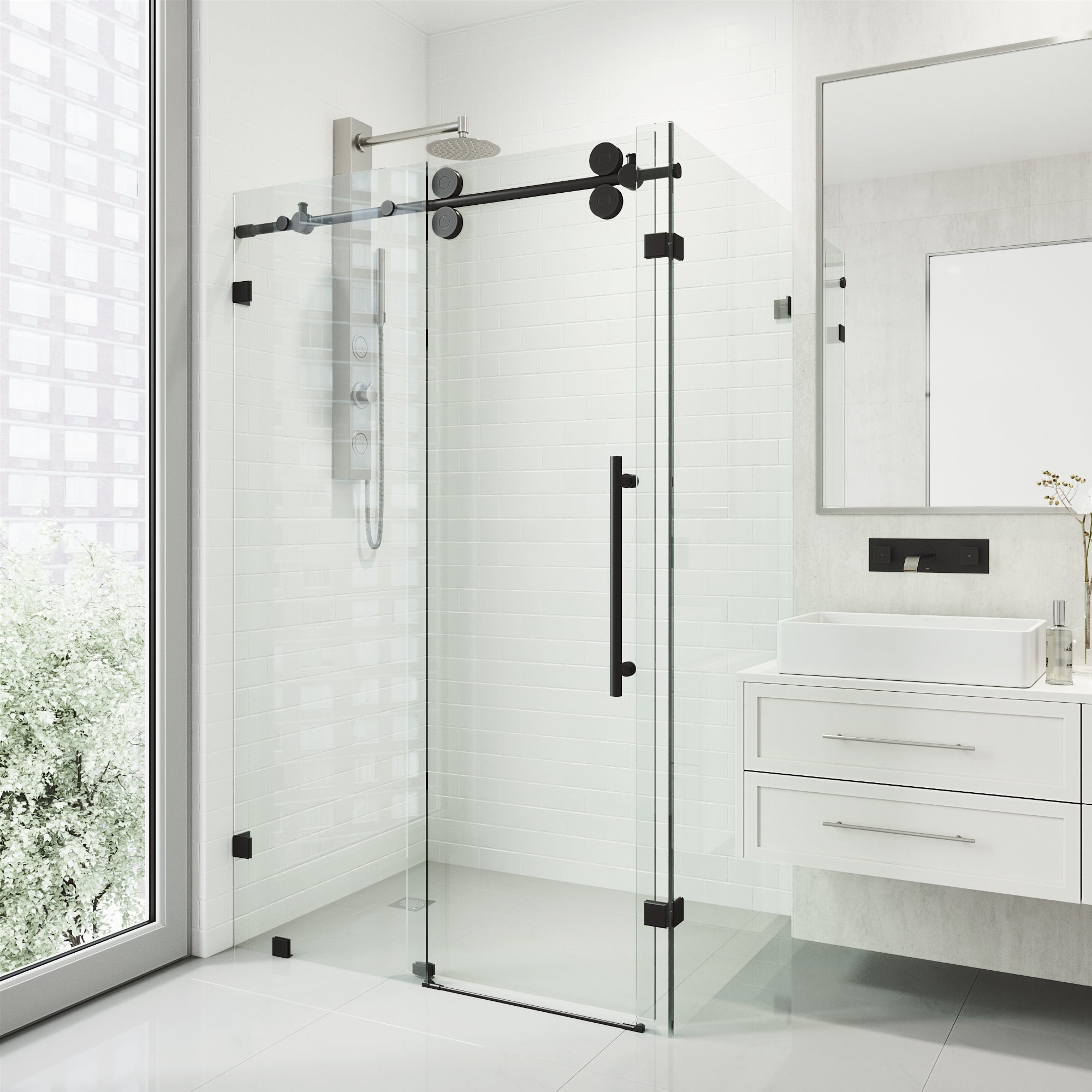 Winslow 46" Matte Black Frameless Sliding Shower Enclosure with Clear Glass