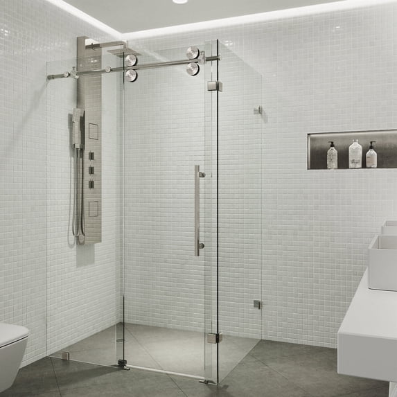 VIGO Winslow 34 in. L x 58 in. W x 74 in. H Frameless Sliding Rectangle Shower Enclosure in Stainless Steel with Clear Glass