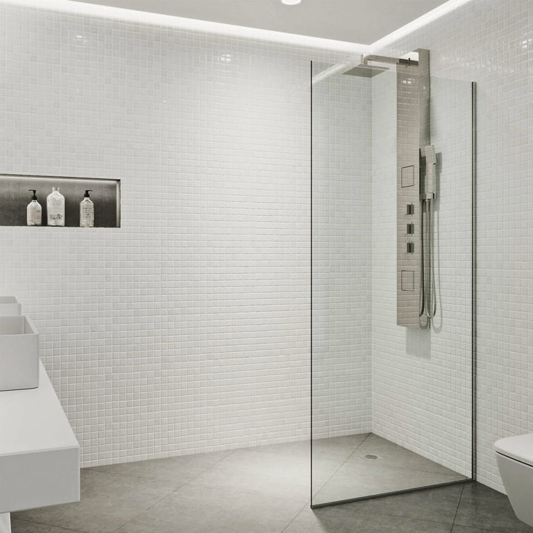 Zenith 34 in. x 74 in. Frameless Fixed Shower Screen in Stainless Steel with Clear Glass Zenith 34 in. x 74 in. Frameless Fixed Shower Screen in Stainless Steel with Clear Glass