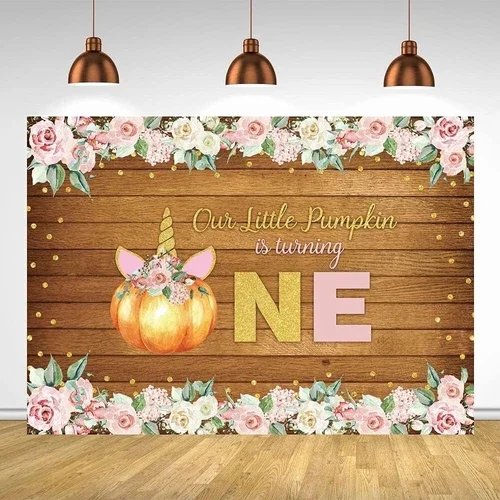 VIGOR- Birthday Turning One Little Pumpkin Photography Pink Flowers Unicorn Backdrop