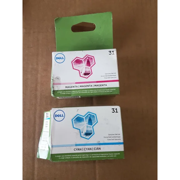 VIGOR- Lot Of 2 Genuine Dell 31 Cyan + Magenta Ink Cartridges Brand New
