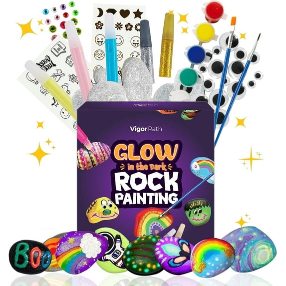VIGOR PATH Glow Rock Painting Kit: 28-Piece Art and Craft Bundle - Includes 10 Paints (Glow in The Dark and Standard), Crafting Supplies, Ideal for Boys and Girls