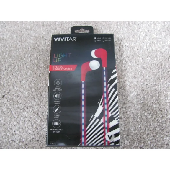 VIGOR- R Vivitar Light Up Led Stereo Earbuds Recharble Battery Vu40011 Red
