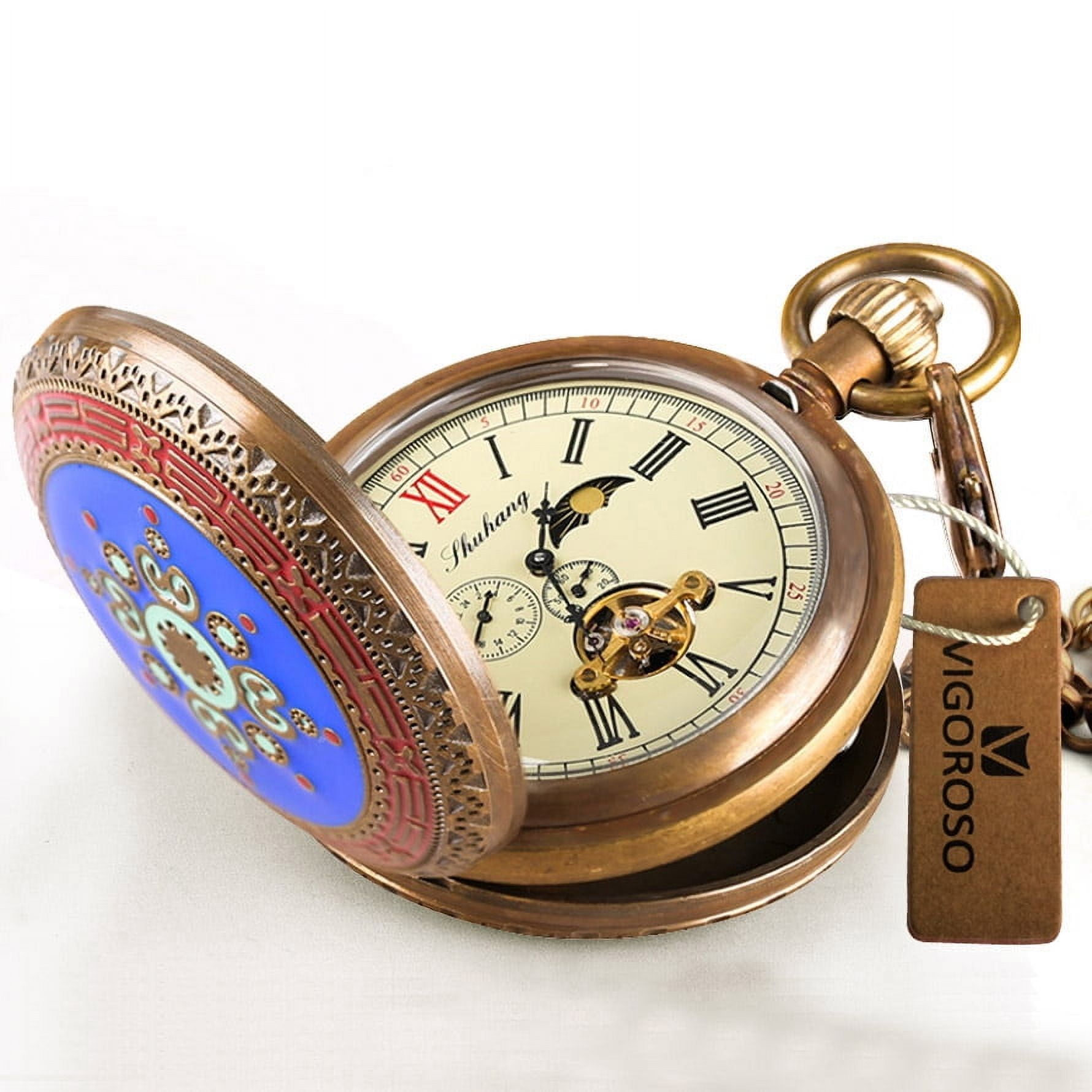 VIGOROSO Antique Mechanical Pocket Watch Moon phase Tourbillion