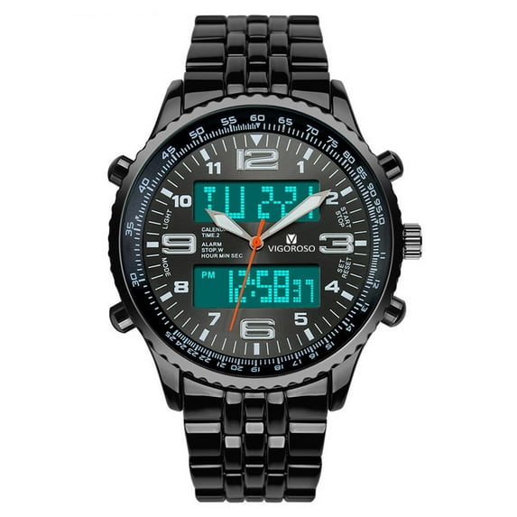 VIGOROSO Dual Analog Digital Display Watch Men Wristwatch LED Date Alarm Chronograph Stainless Steel Waterproof Mens Sports Watches