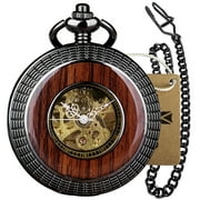 VIGOROSO Exquisite Antique Vintage Mechanical Pocket Watch Black Alloy Wood Circle Half Hunter Fob Watch Mens Womens Pocketwatch with Chain & Box