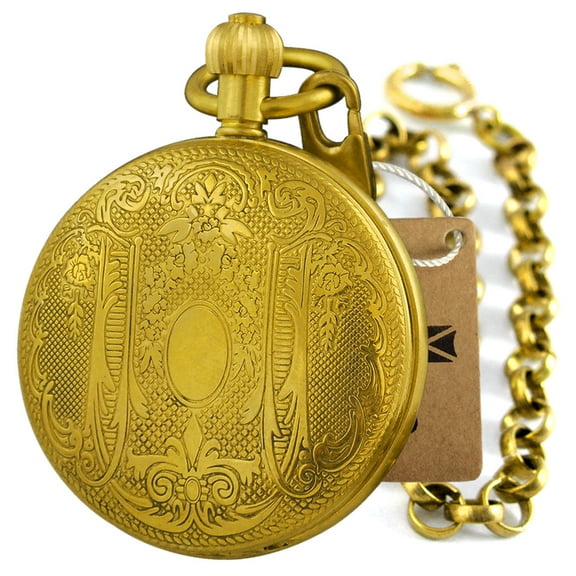 VIGOROSO Imperial Engrave Mechanical Pocket Watch Brass Case Full Hunter Luxury Hand-winding Vintage Men Fob Watch with Chain Watchbox