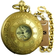 VIGOROSO Imperial Mechanical Pocket Watch Luxury Vintage Brass Tourbillon Moon Phase Stand Double Hunter Fob Watch with Chain Watchbox