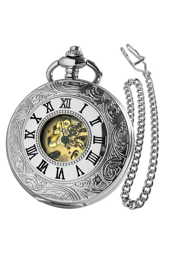 Mechanical Pocket Watch for Men Women Vintage Silver Steel Roman Numerals Skeleton Pocket Watches with Box Chain Gift for Son Dad Him