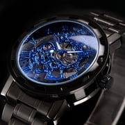 VIGOROSO Mechanical Watches Mens Transparent Skeleton Hand Wind Up Watch Classical Sports Watch Black Stainless Steel Wristwatch