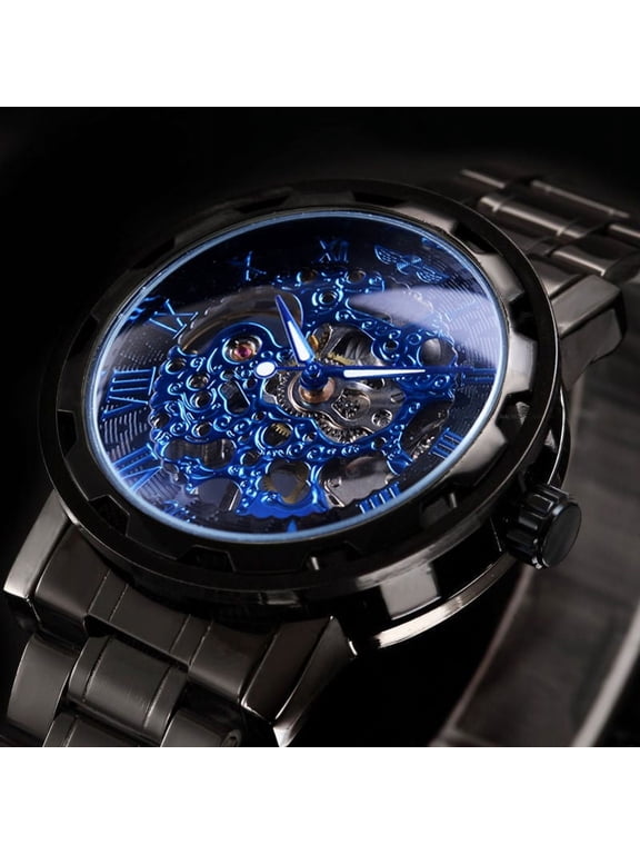 Mechanical Watches Mens Transparent Skeleton Hand Wind Up Watch Classical Sports Watch Black Stainless Steel Wristwatch