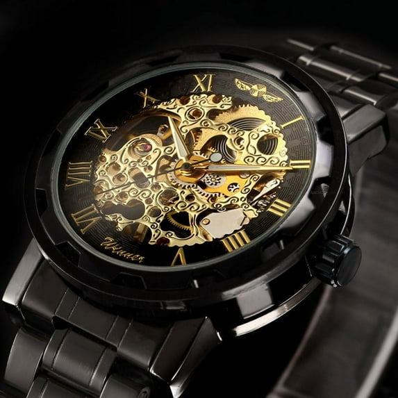 VIGOROSO Mechanical Watches Mens Transparent Skeleton Hand Wind Up Watch Classical Sports Watch Black Stainless Steel Wristwatch
