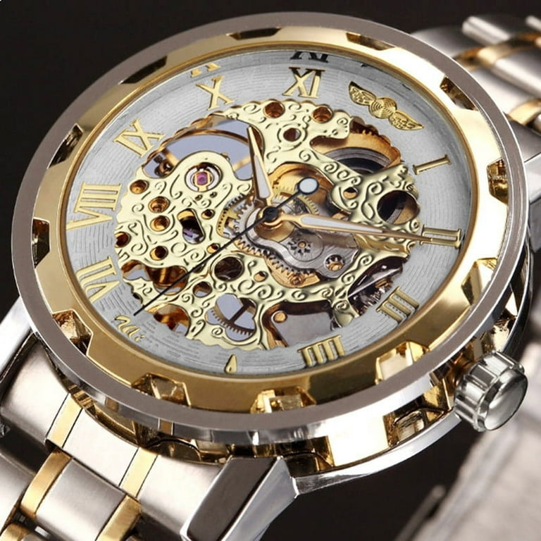 VIGOROSO Mechanical Watches Mens Transparent Skeleton Hand Wind Up