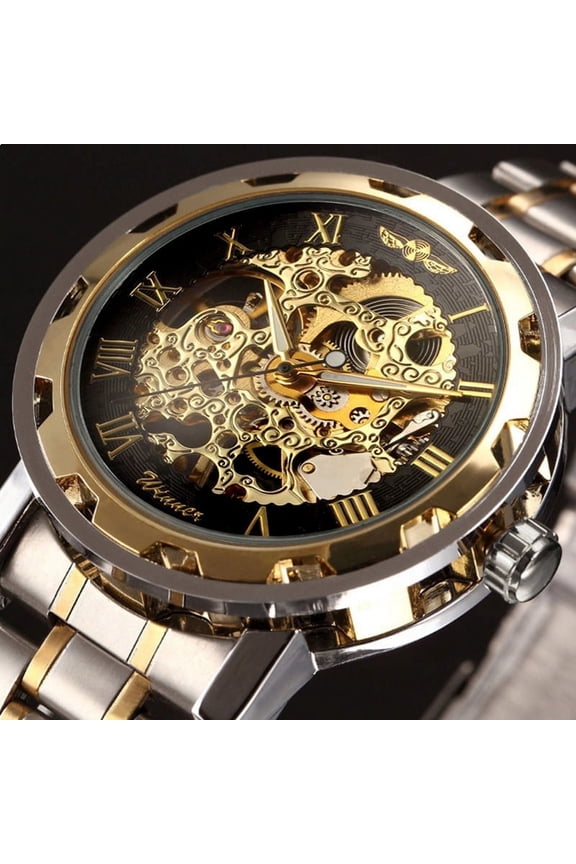 Mechanical Watches Mens Transparent Skeleton Hand Wind Up Watch Classical Sports Watch Gold&Silver Stainless Steel Wristwatch