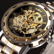 VIGOROSO Mechanical Watches Mens Transparent Skeleton Hand Wind Up Watch Classical Sports Watch Gold&Silver Stainless Steel Wristwatch