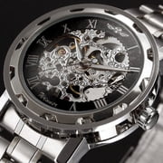VIGOROSO Mechanical Watches Mens Transparent Skeleton Hand Wind Up Watch Classical Sports Watch Silver Stainless Steel Wristwatch