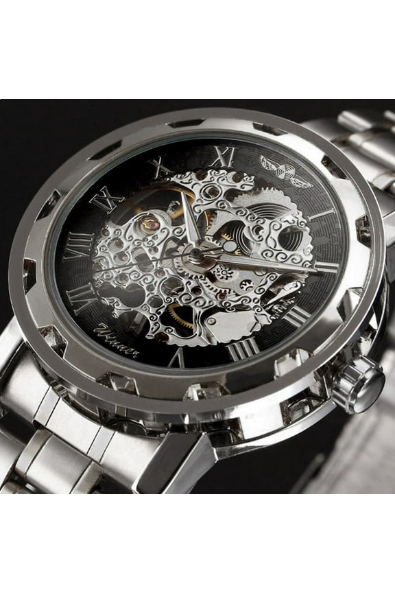 Mechanical Watches Mens Transparent Skeleton Hand Wind Up Watch Classical Sports Watch Silver Stainless Steel Wristwatch
