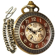 VIGOROSO Mechanical Wind up Men Pocket Watch Dual Arabic Roman Numerals Vintage Bronze Pocketwatch with Chain Box