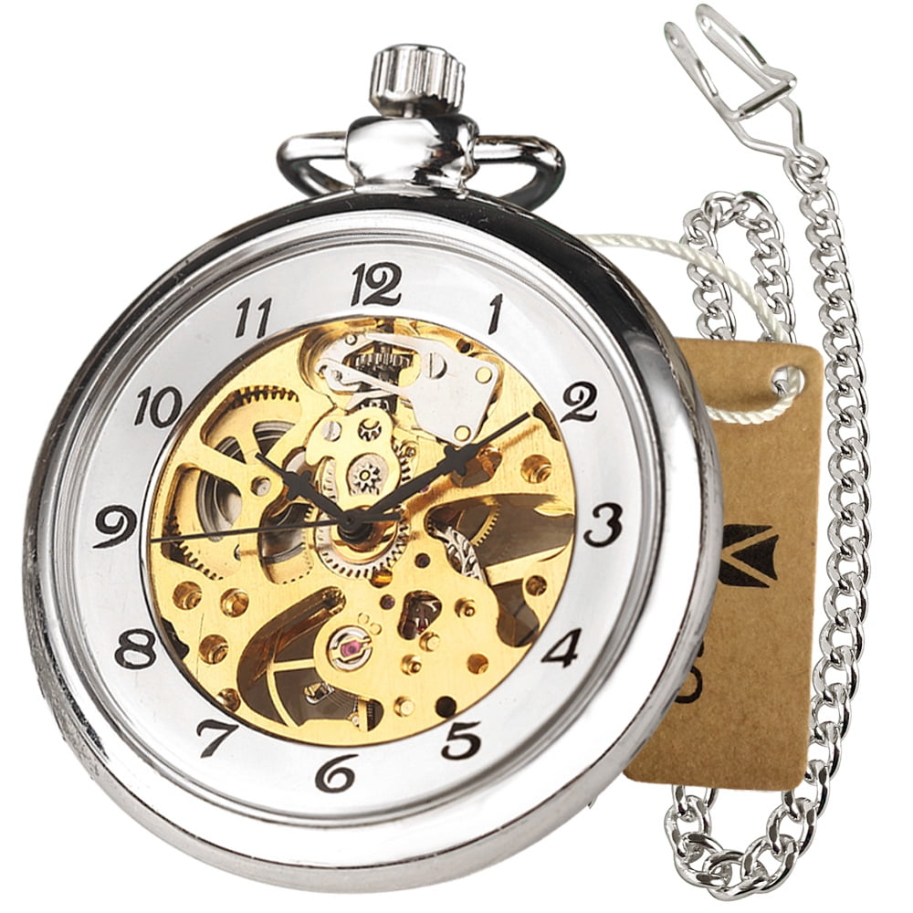 VIGOROSO Mechanical Wind up Pocket Watch Skeleton Silver Steel Fob