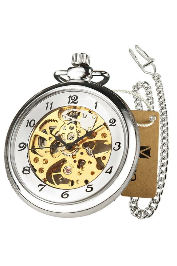 Mechanical Wind up Pocket Watch Skeleton Silver Steel Fob Chain Watch Men Womens