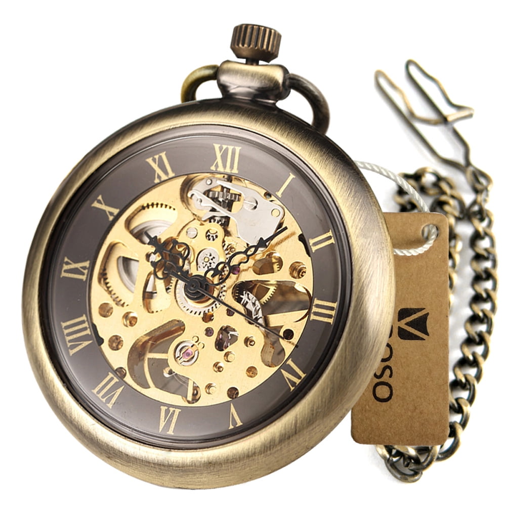 VIGOROSO Mechanical Wind up Pocket Watch Vintage Bronze Fob Chain Watch
