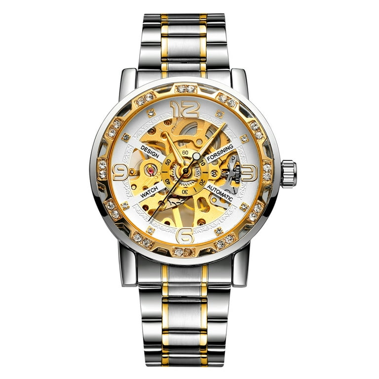 VIGOROSO Men's Luxury Mechanical Watch Transparent Diamonds Gold