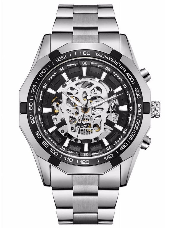 Men's Skull Skeleton Automatic Mechanical Watches Stainless Steel Wrist Watch