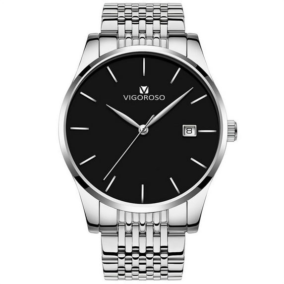 VIGOROSO Men's Wristwatch AUTO Date/Day 3ATM Waterproof Stainless Steel Fashion&Casual Sports Business Quartz Watch for Men,Black Dial