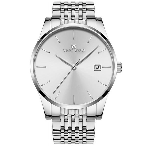 VIGOROSO Men's Wristwatch AUTO Date/Day 3ATM Waterproof Stainless Steel Fashion&Casual Sports Business Quartz Watch for Men,White Dial