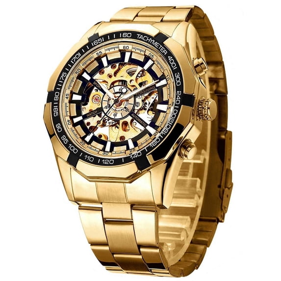 VIGOROSO Men's Automatic Mechanical Wrist Watch Skeleton Gold Stainless Steel Watch