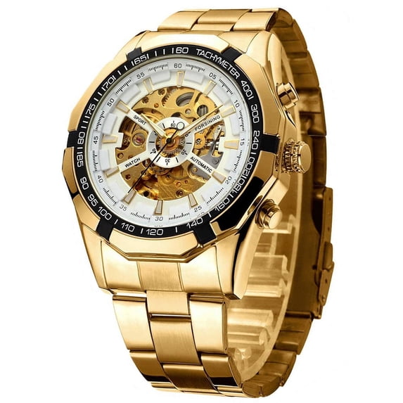 VIGOROSO Men's Automatic Mechanical Wrist Watch Skeleton Gold Stainless Steel Watch