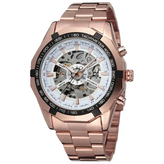 VIGOROSO Men's Automatic Mechanical Wrist Watch Skeleton Rose Gold Stainless Steel Watch