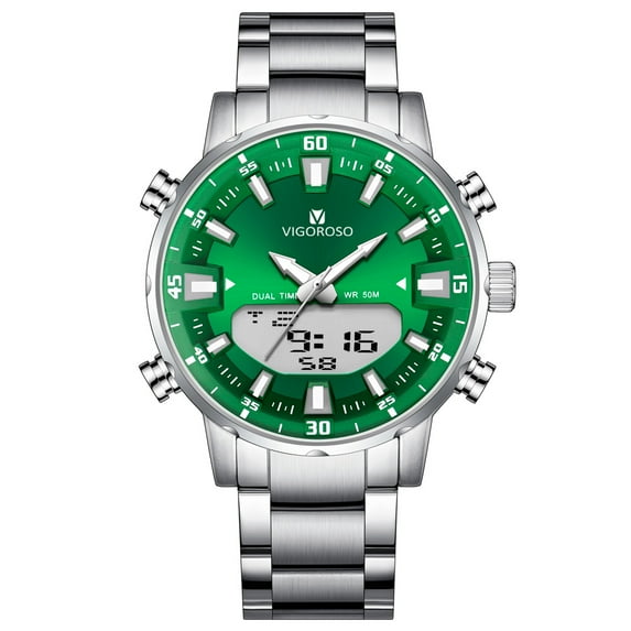 VIGOROSO Mens Luxury Sports Watch Dual Analog & Digital Watches Quartz 3ATM Waterproof Stainless Steel Casual Multifunctional Sport Wristwatch for Men.Green Dial