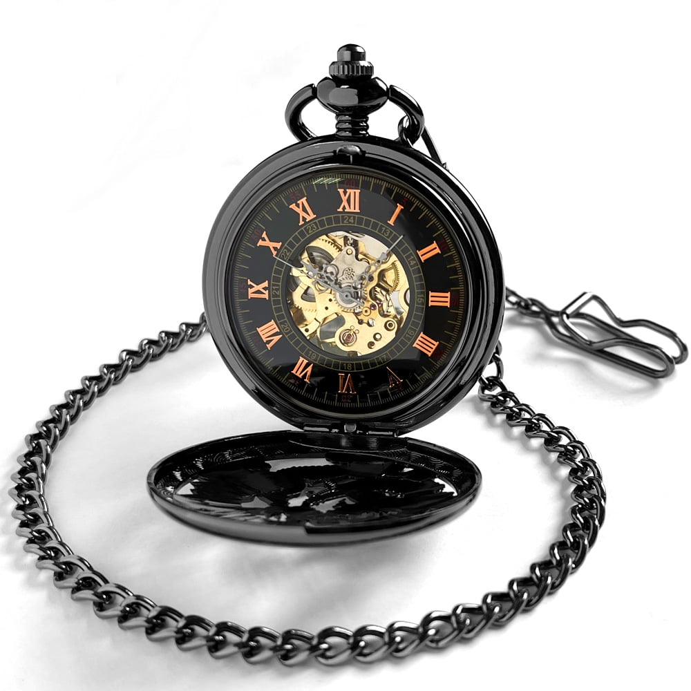 VIGOROSO Mens Mechanical Pocket Watch Black Steel Fob Watch Pocketwatch