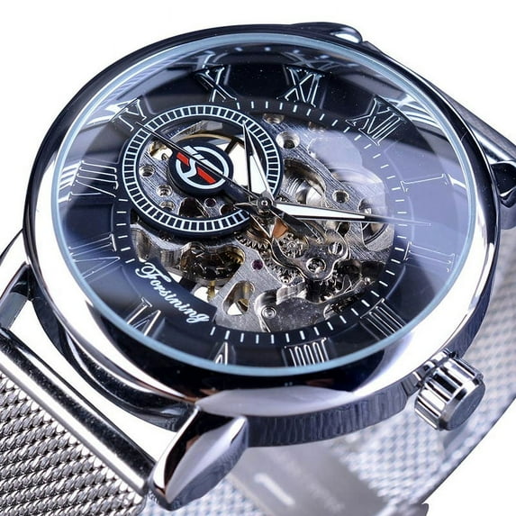 VIGOROSO Mens Mechanical Watches Skeleton Wind Up Classic Business Sports Watch Mesh Stainless Steel Male Wristwatch
