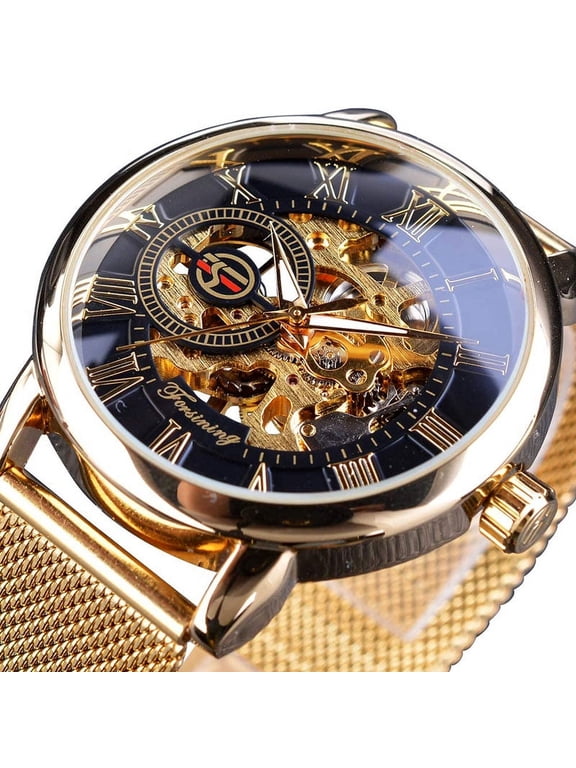 Mens Mechanical Watches Skeleton Wind Up Classic Business Sports Watch Mesh Stainless Steel Male Wristwatch