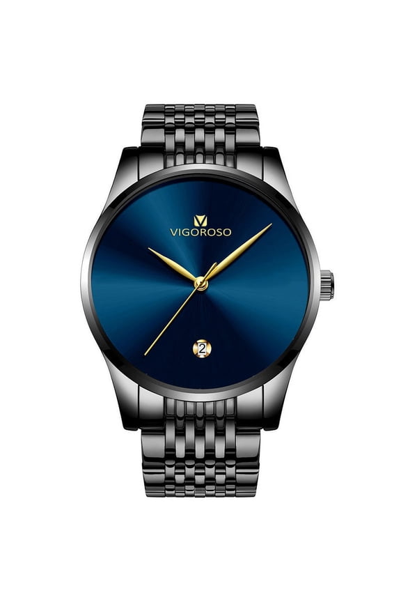 Mens Watches Quartz AUTO Day Analog Watch Ultra Thin Black Stainless Steel Waterproof Fashion Casual Sports Business Wristwatch for Men,Blue Dial