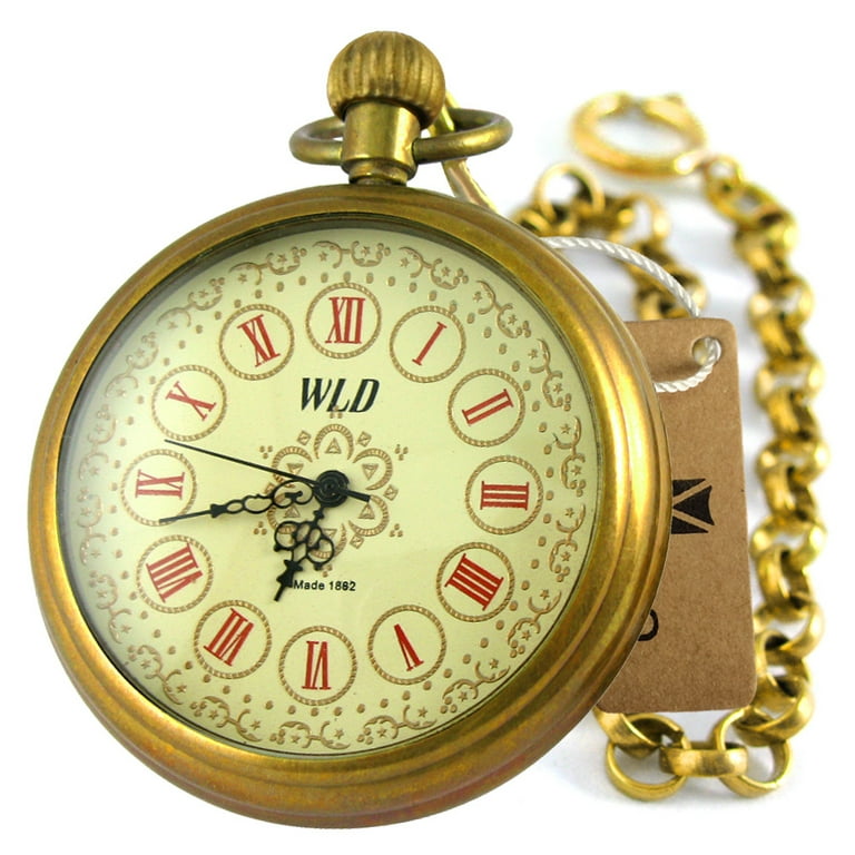Vigoroso Red Roman Numerals Pocket Watch Mechanical Brass Open Face Antique Vintage Watch Adult Unisex Size One size Bronze