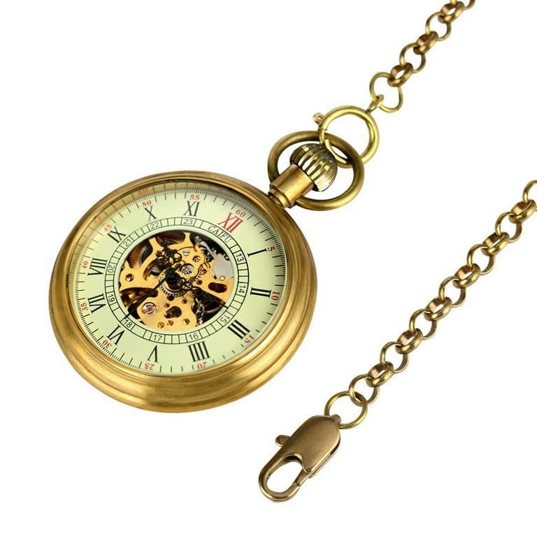VIGOROSO Skeleton Mechanical Pocket Watch Hand Wind up Vintage Fob Chain Watch Pendent Clock Medium sized 34mm Pure Copper Case Unisex Women Gifts