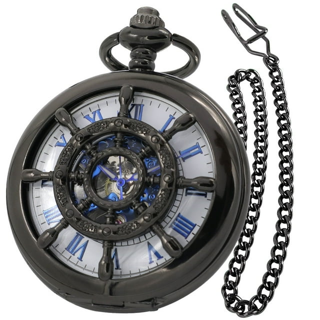 VIGOROSO Vintage Classic Wind up Mechanical Pocket Watch Black Rudder shape Double hunter Fob