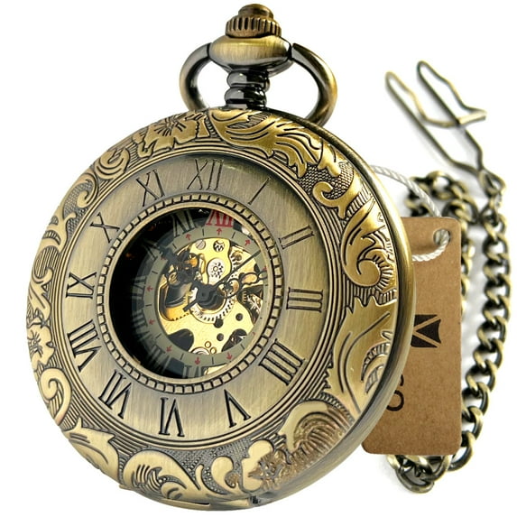 VIGOROSO Vintage Double Hunter Mechanical Pocket Watch 48mm Bronze Retro Classic Mens Pocketwatch Fob Chain Watch